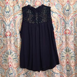 Navy Blue High Neck Crocheted Top